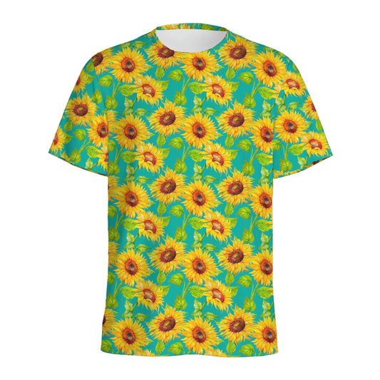 Teal Watercolor Sunflower Pattern Print Men's Sports T-Shirt