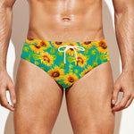 Teal Watercolor Sunflower Pattern Print Men's Swim Briefs