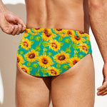 Teal Watercolor Sunflower Pattern Print Men's Swim Briefs