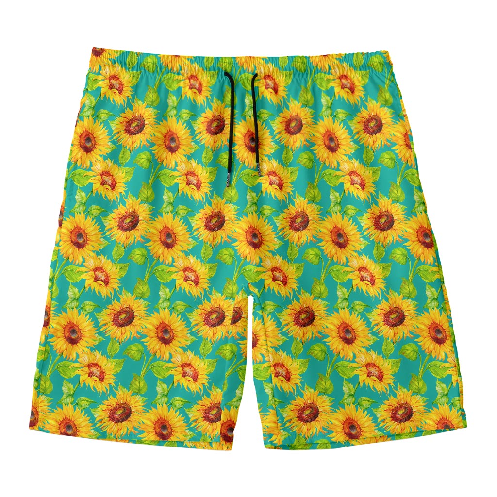 Teal Watercolor Sunflower Pattern Print Men's Swim Trunks