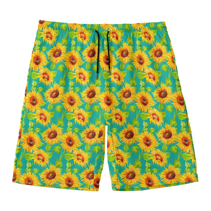 Teal Watercolor Sunflower Pattern Print Men's Swim Trunks