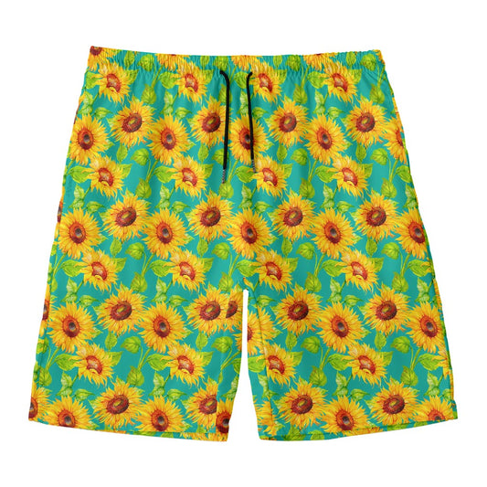 Teal Watercolor Sunflower Pattern Print Men's Swim Trunks