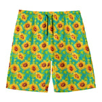 Teal Watercolor Sunflower Pattern Print Men's Swim Trunks