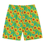 Teal Watercolor Sunflower Pattern Print Men's Swim Trunks