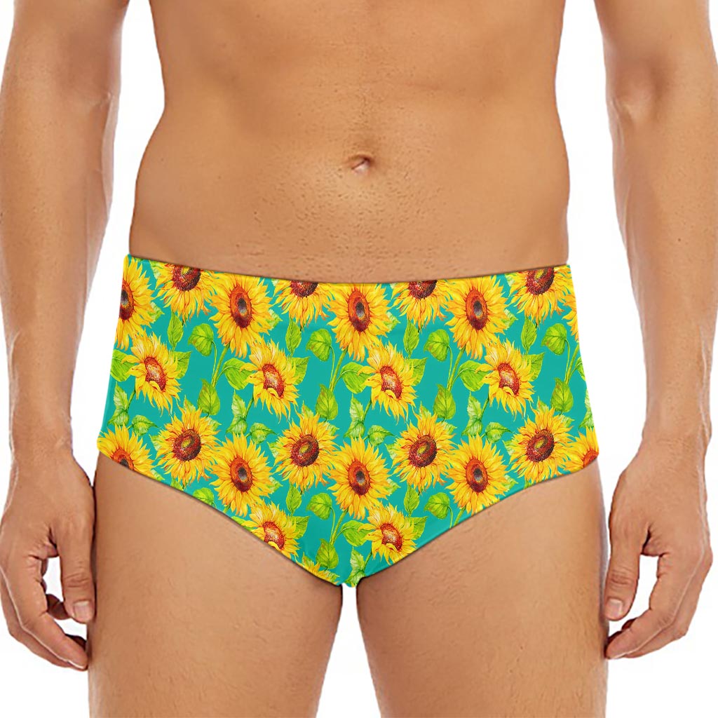 Teal Watercolor Sunflower Pattern Print Men's Triangle Swim Briefs