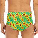 Teal Watercolor Sunflower Pattern Print Men's Triangle Swim Briefs