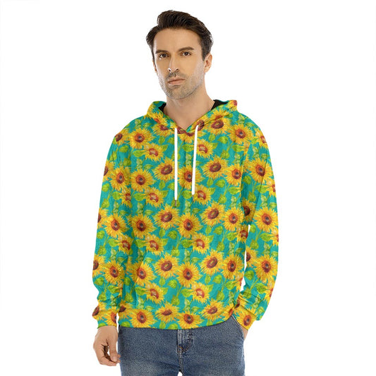 Teal Watercolor Sunflower Pattern Print Men's Velvet Pullover Hoodie