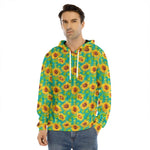 Teal Watercolor Sunflower Pattern Print Men's Velvet Pullover Hoodie