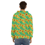 Teal Watercolor Sunflower Pattern Print Men's Velvet Pullover Hoodie