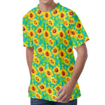 Teal Watercolor Sunflower Pattern Print Men's Velvet T-Shirt