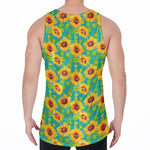 Teal Watercolor Sunflower Pattern Print Men's Velvet Tank Top