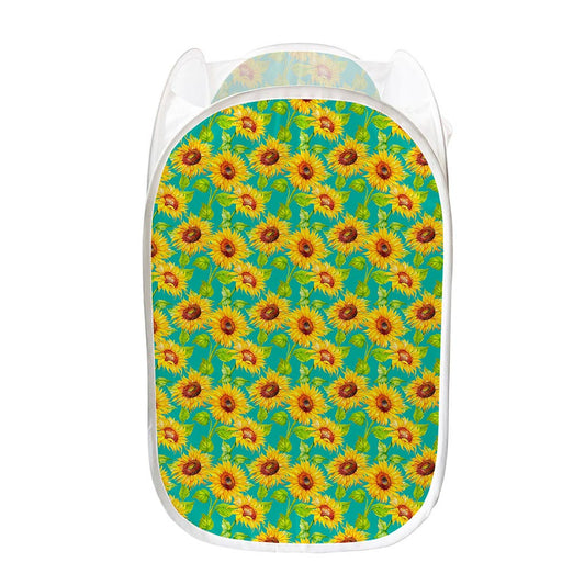 Teal Watercolor Sunflower Pattern Print Mesh Laundry Hamper