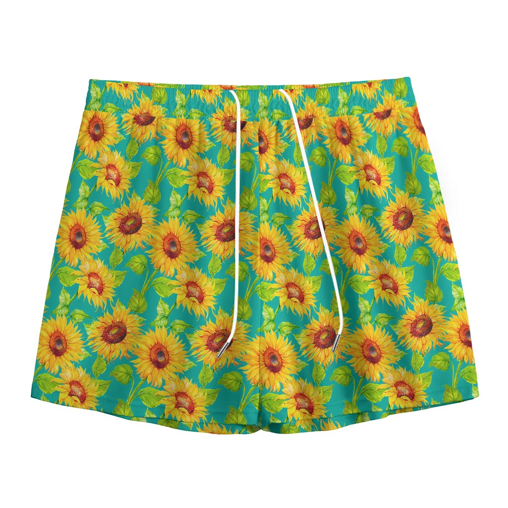 Teal Watercolor Sunflower Pattern Print Mesh Shorts