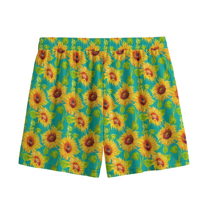 Teal Watercolor Sunflower Pattern Print Mesh Shorts