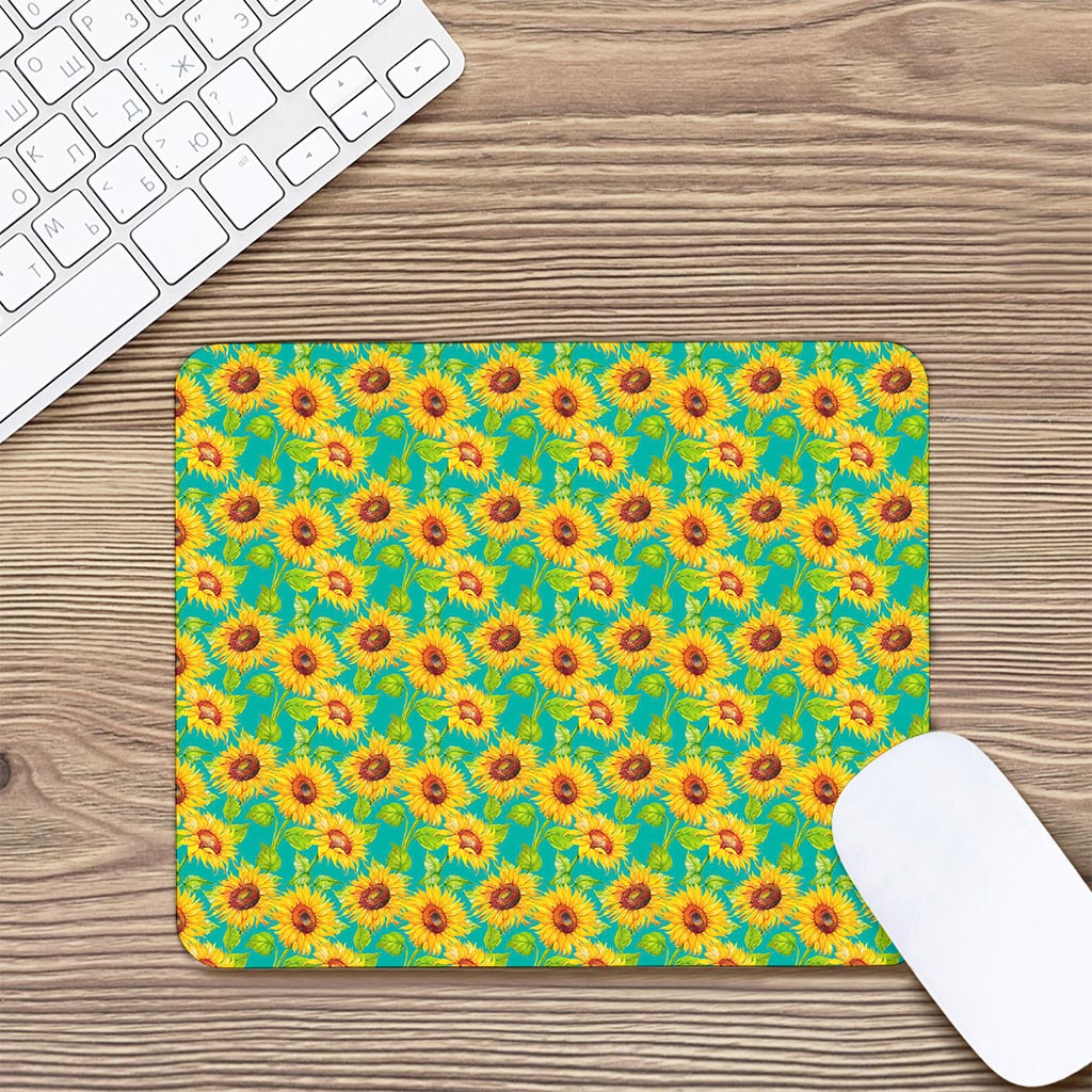 Teal Watercolor Sunflower Pattern Print Mouse Pad