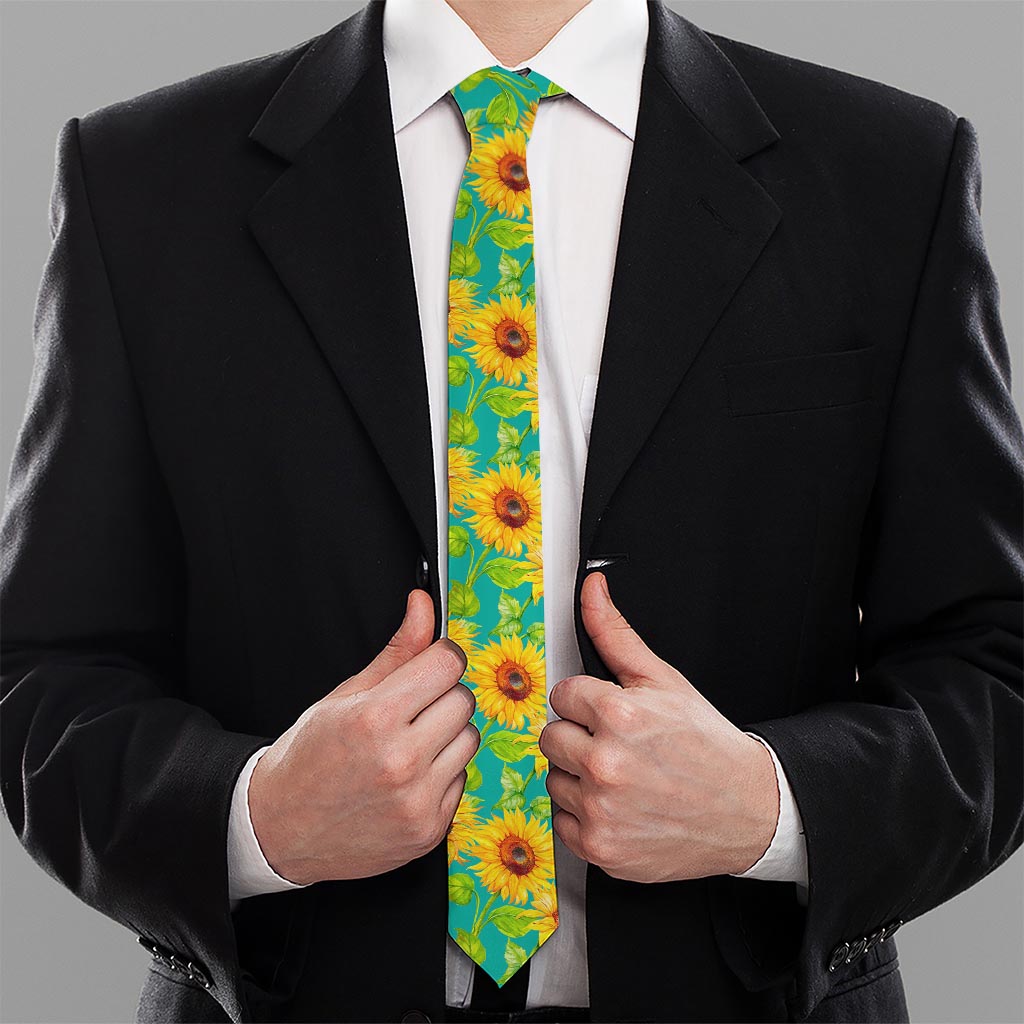 Teal Watercolor Sunflower Pattern Print Necktie