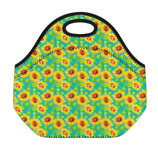 Teal Watercolor Sunflower Pattern Print Neoprene Lunch Bag