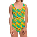 Teal Watercolor Sunflower Pattern Print One Piece Swimsuit