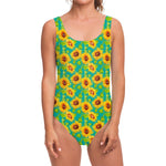 Teal Watercolor Sunflower Pattern Print One Piece Swimsuit