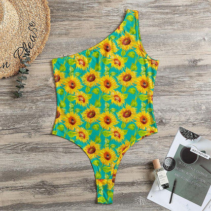Teal Watercolor Sunflower Pattern Print One Shoulder Bodysuit