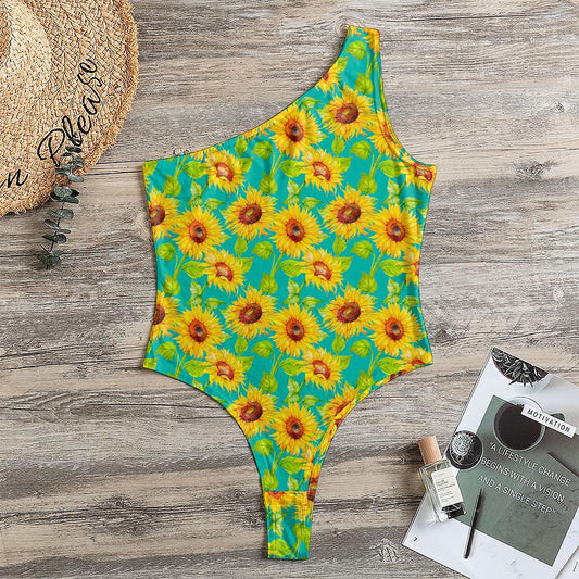 Teal Watercolor Sunflower Pattern Print One Shoulder Bodysuit
