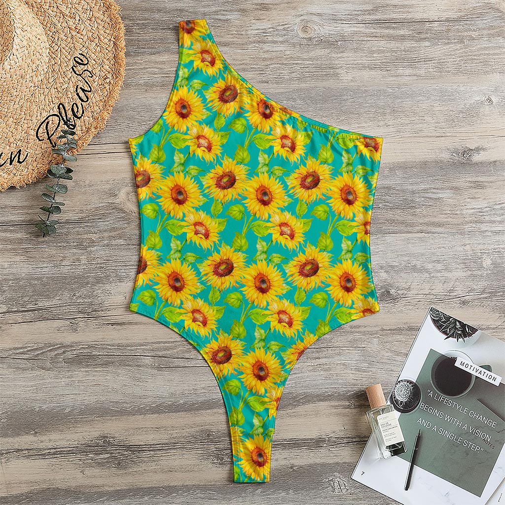 Teal Watercolor Sunflower Pattern Print One Shoulder Bodysuit