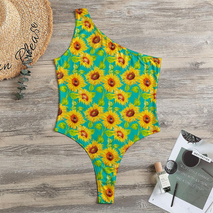Teal Watercolor Sunflower Pattern Print One Shoulder Bodysuit