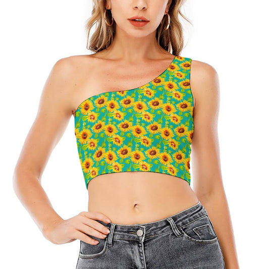 Teal Watercolor Sunflower Pattern Print One Shoulder Crop Top