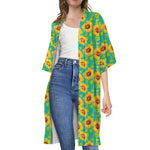 Teal Watercolor Sunflower Pattern Print Open Front Beach Cover Up