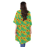 Teal Watercolor Sunflower Pattern Print Open Front Beach Cover Up