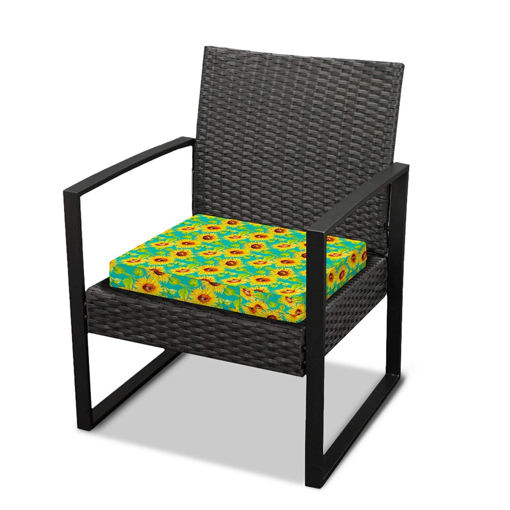 Teal Watercolor Sunflower Pattern Print Outdoor Seat Cushion Cover