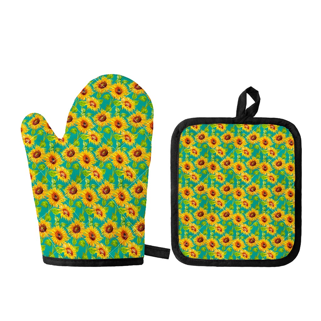Teal Watercolor Sunflower Pattern Print Oven Mitt And Pot Holder Set