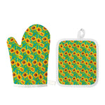 Teal Watercolor Sunflower Pattern Print Oven Mitt And Pot Holder Set