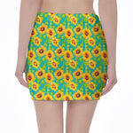 Teal Watercolor Sunflower Pattern Print Pencil Mini Skirt