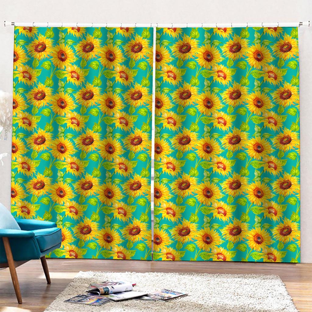 Teal Watercolor Sunflower Pattern Print Pencil Pleat Curtains