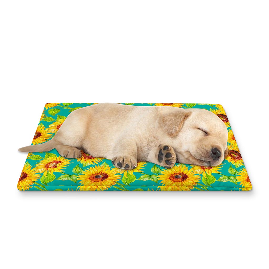 Teal Watercolor Sunflower Pattern Print Pet Cooling Mat Cover
