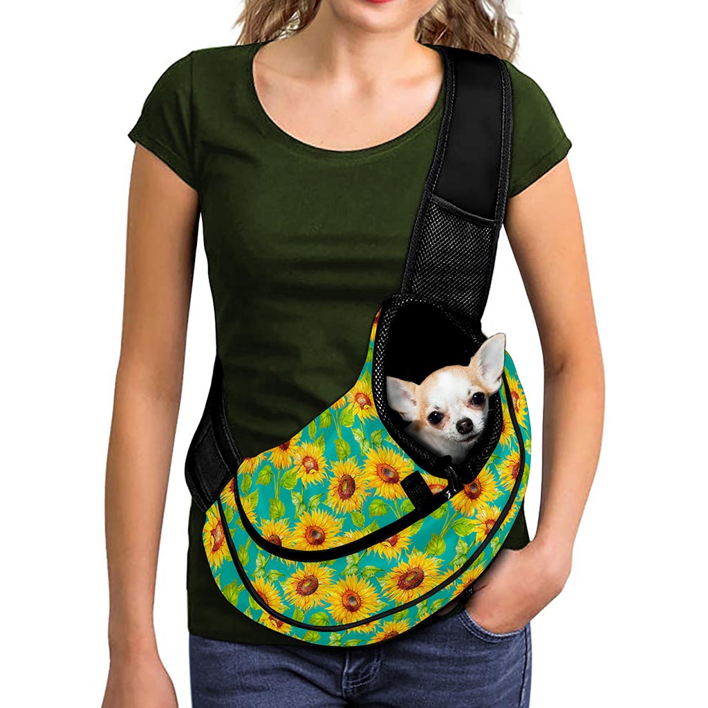 Teal Watercolor Sunflower Pattern Print Pet Sling Carrier