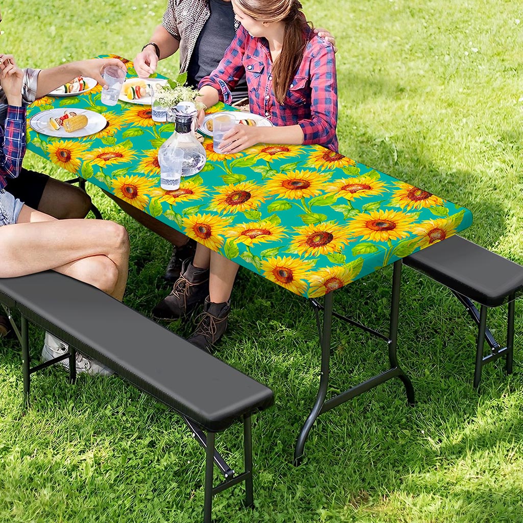 Teal Watercolor Sunflower Pattern Print Picnic Table Cover