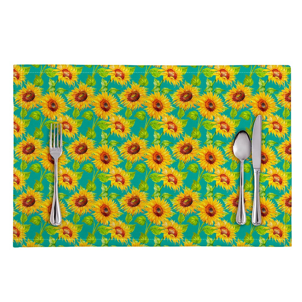 Teal Watercolor Sunflower Pattern Print Placemat