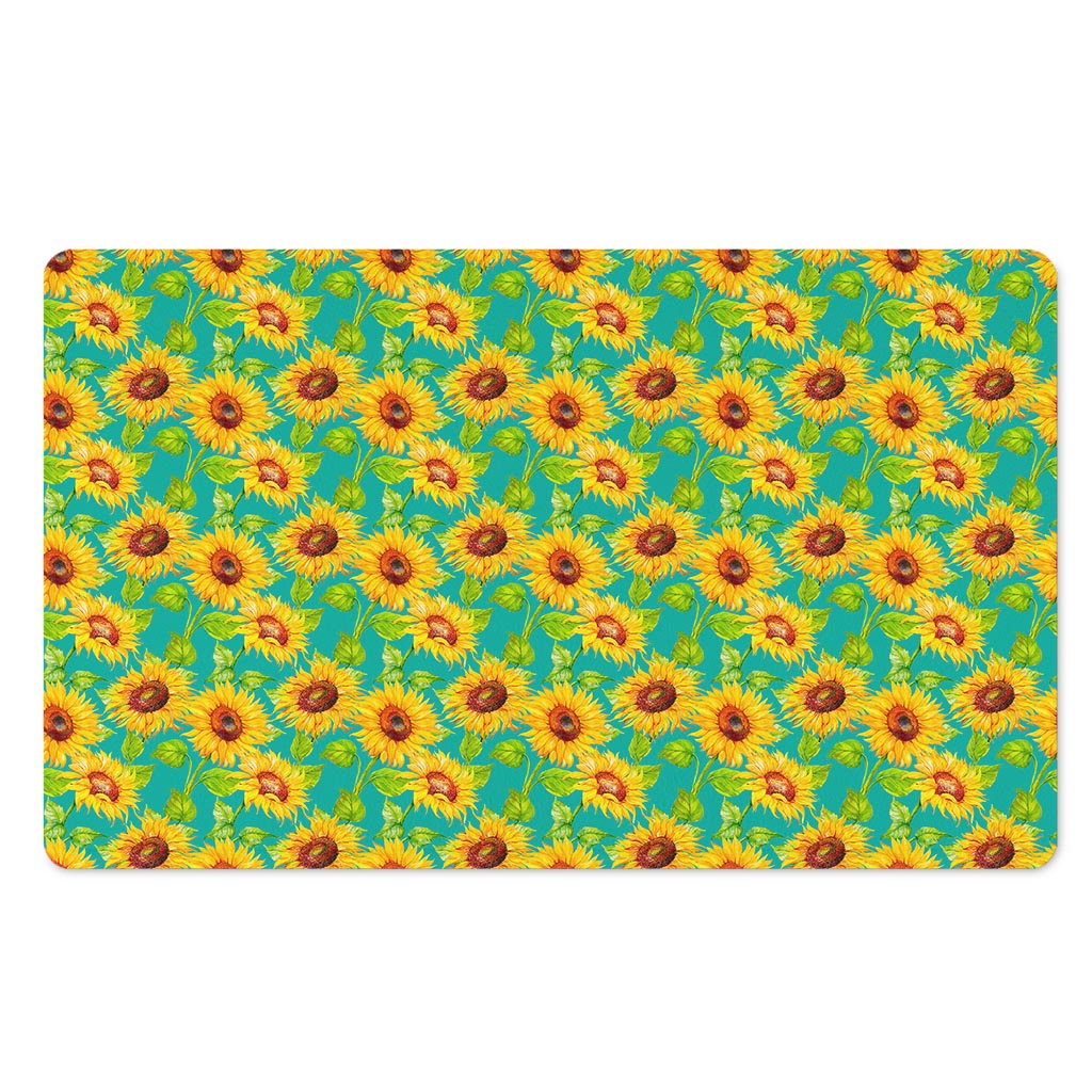 Teal Watercolor Sunflower Pattern Print Polyester Doormat