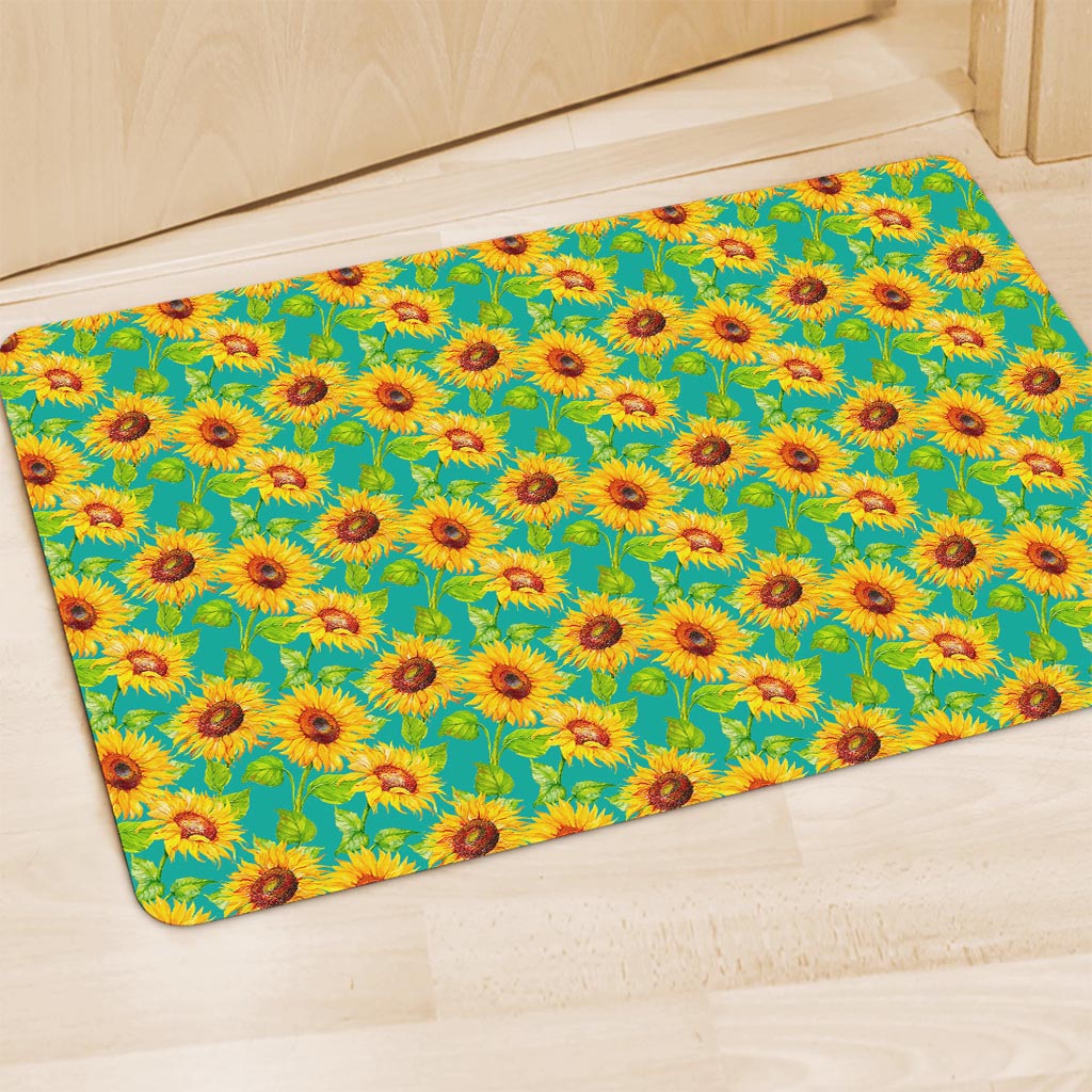 Teal Watercolor Sunflower Pattern Print Polyester Doormat
