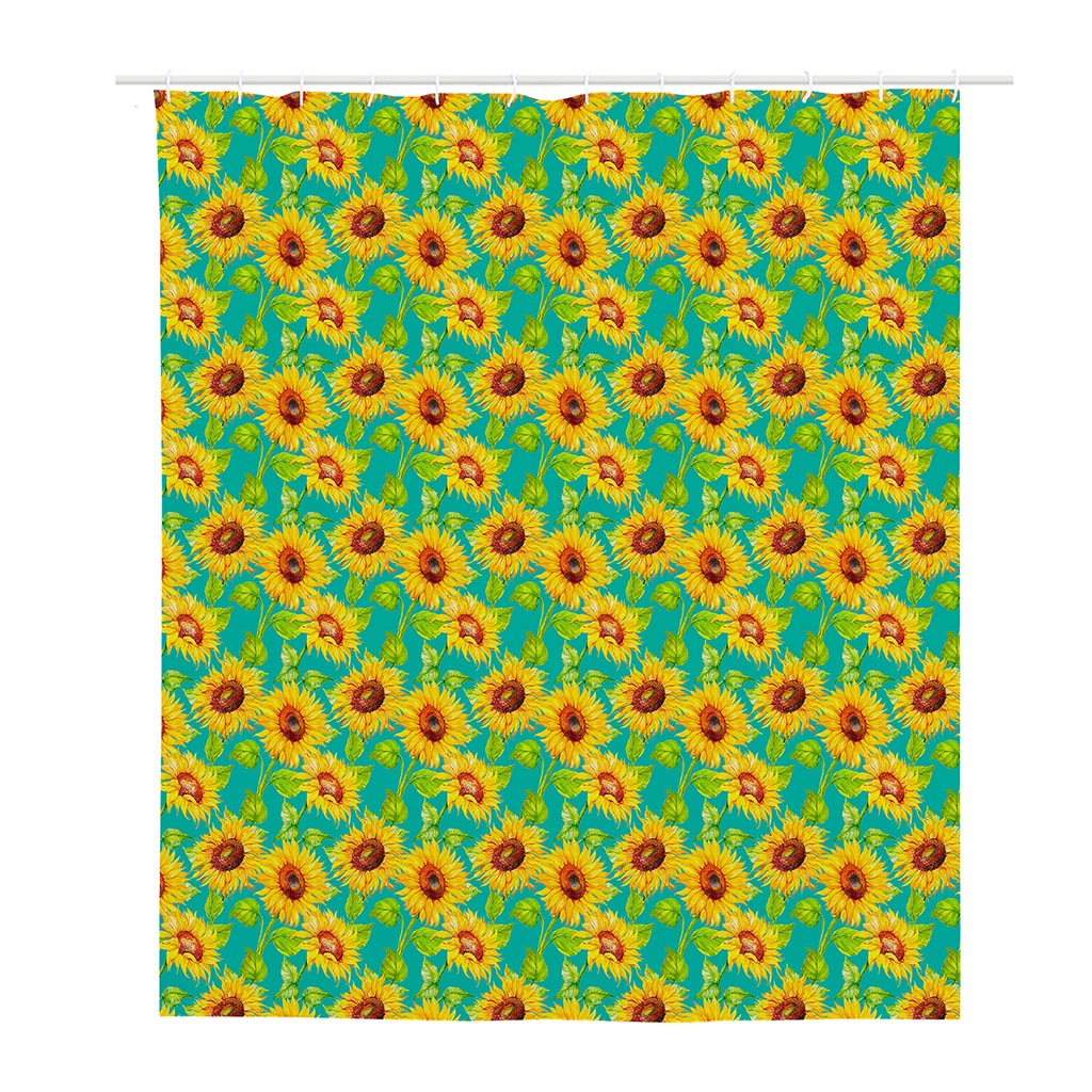 Teal Watercolor Sunflower Pattern Print Polyester Shower Curtain
