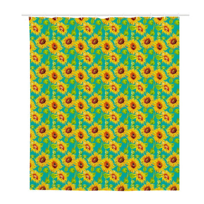 Teal Watercolor Sunflower Pattern Print Polyester Shower Curtain