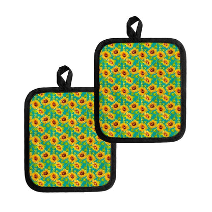 Teal Watercolor Sunflower Pattern Print Pot Holders