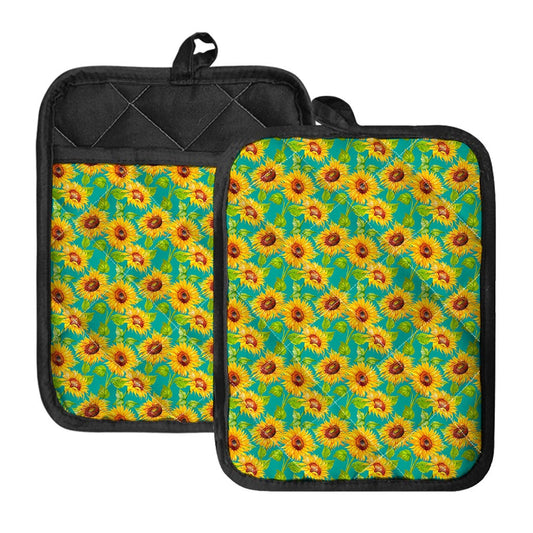 Teal Watercolor Sunflower Pattern Print Pot Holders With Pocket