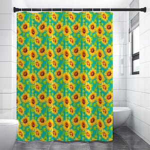 Teal Watercolor Sunflower Pattern Print Premium Shower Curtain