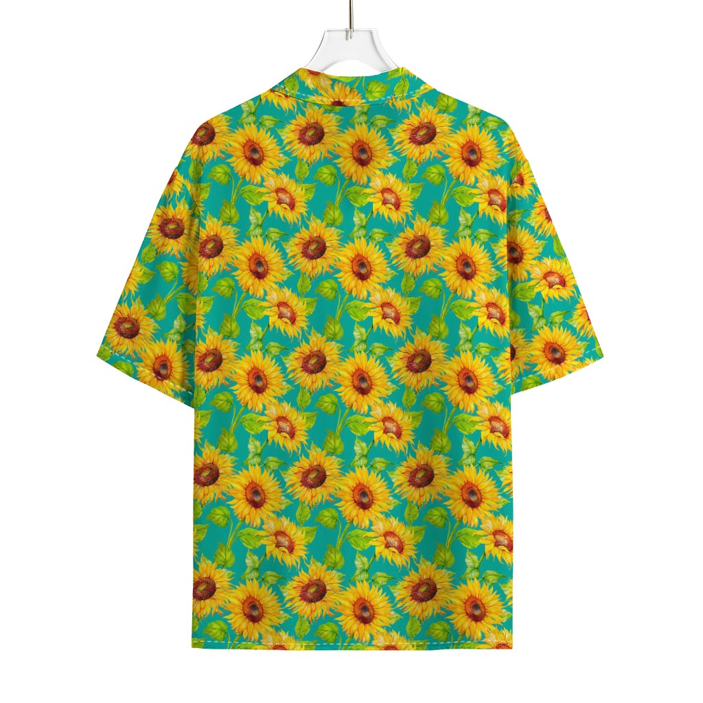 Teal Watercolor Sunflower Pattern Print Rayon Hawaiian Shirt