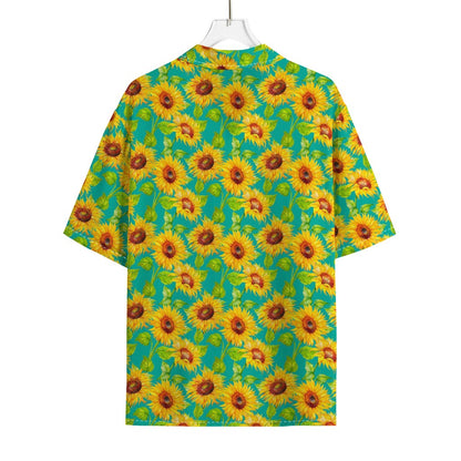 Teal Watercolor Sunflower Pattern Print Rayon Hawaiian Shirt