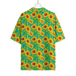 Teal Watercolor Sunflower Pattern Print Rayon Hawaiian Shirt