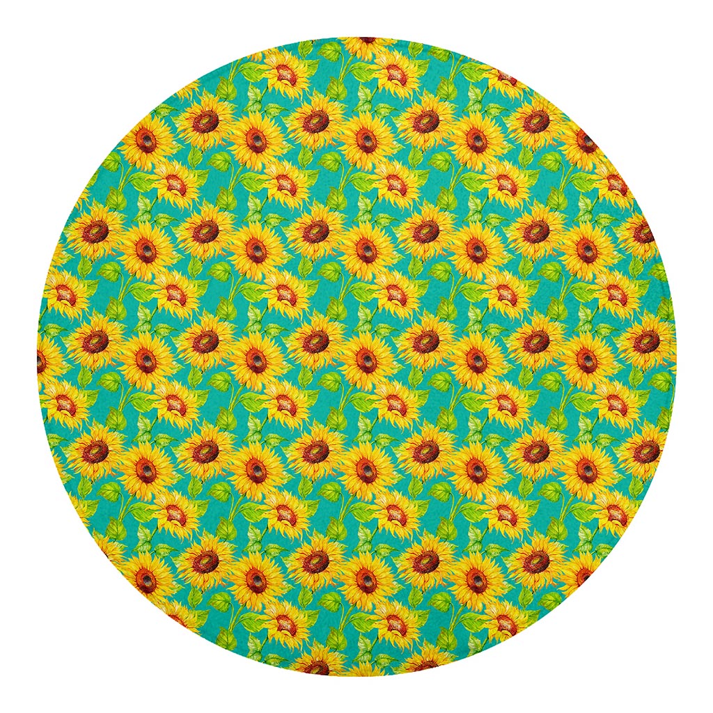 Teal Watercolor Sunflower Pattern Print Round Blanket